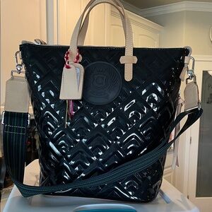 Consuela Black Patent Tote with Tan Accents